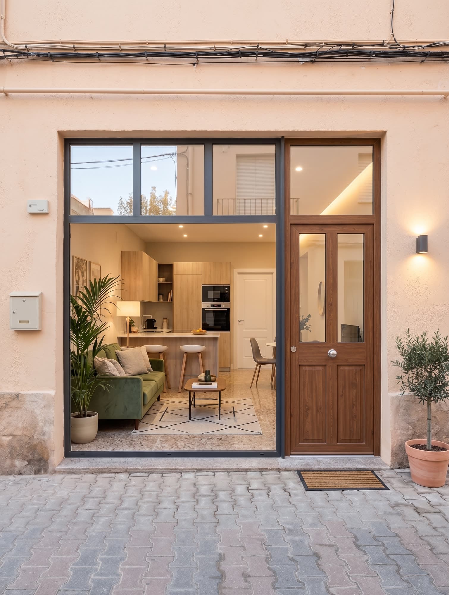 Recreación de la misma fachada convertida en vivienda de planta baja, con salón y cocina a la vista