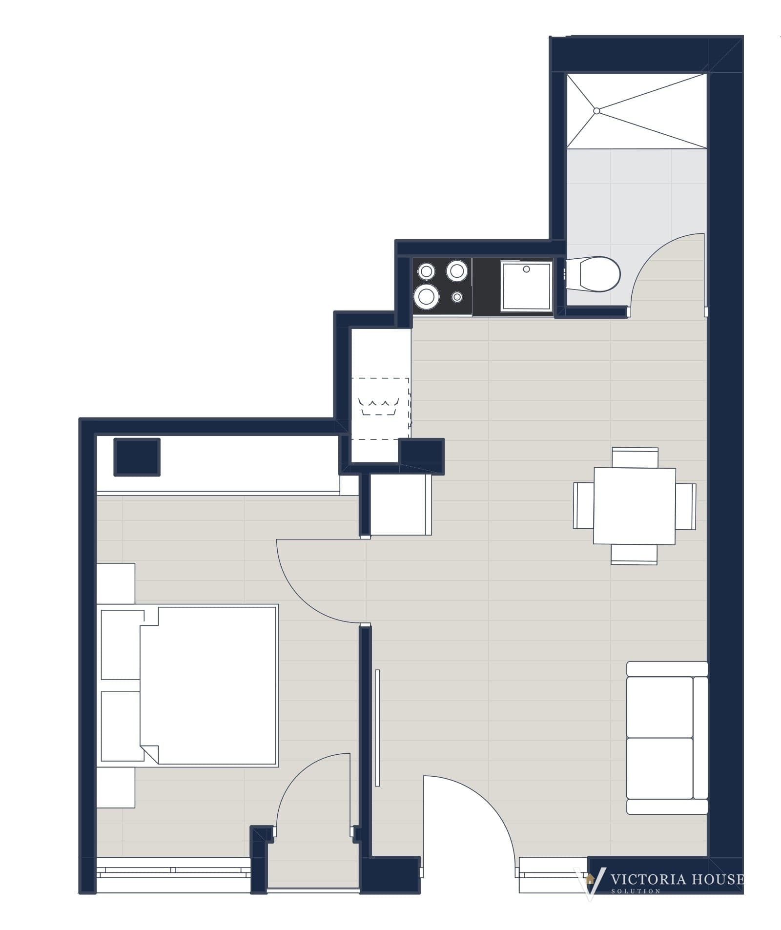 Plano del proyecto: vivienda de un dormitorio, 31,93 m² útiles